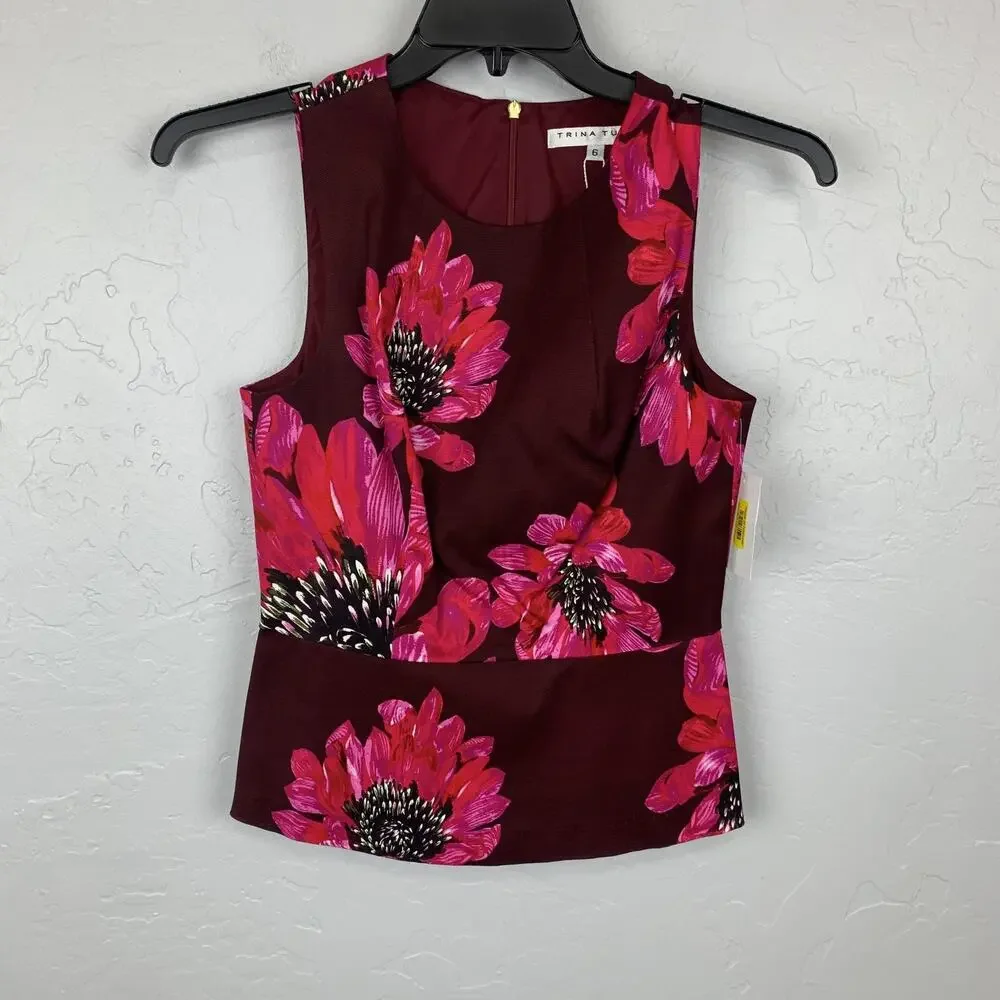 Trina Turk Skirt Set Womens Top 6 Skirt 4 Burgundy Pink Floral Pencil Made USA